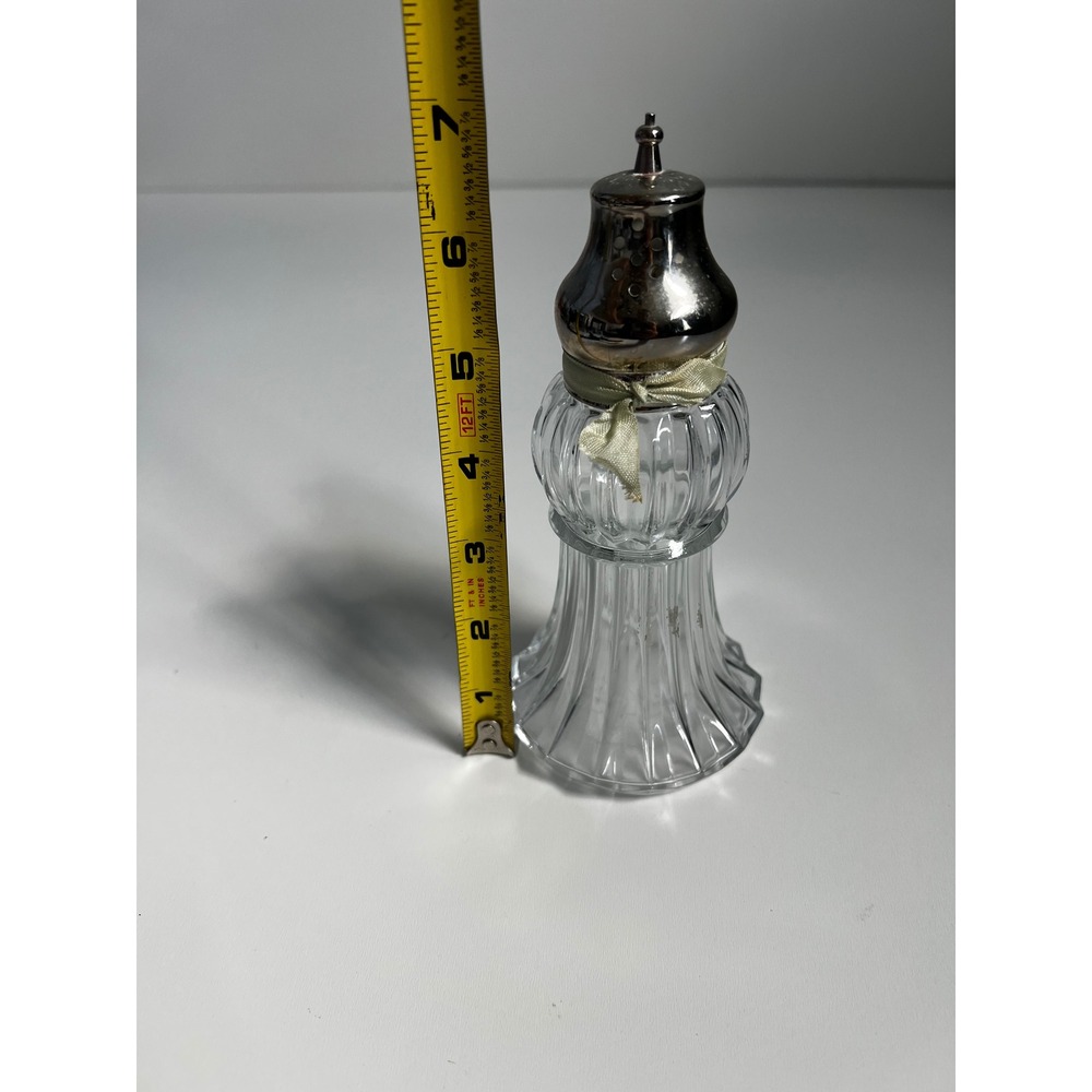 Vintage‎ Celadon Ribbed Glass Shaker Silver Tone Metal Lid